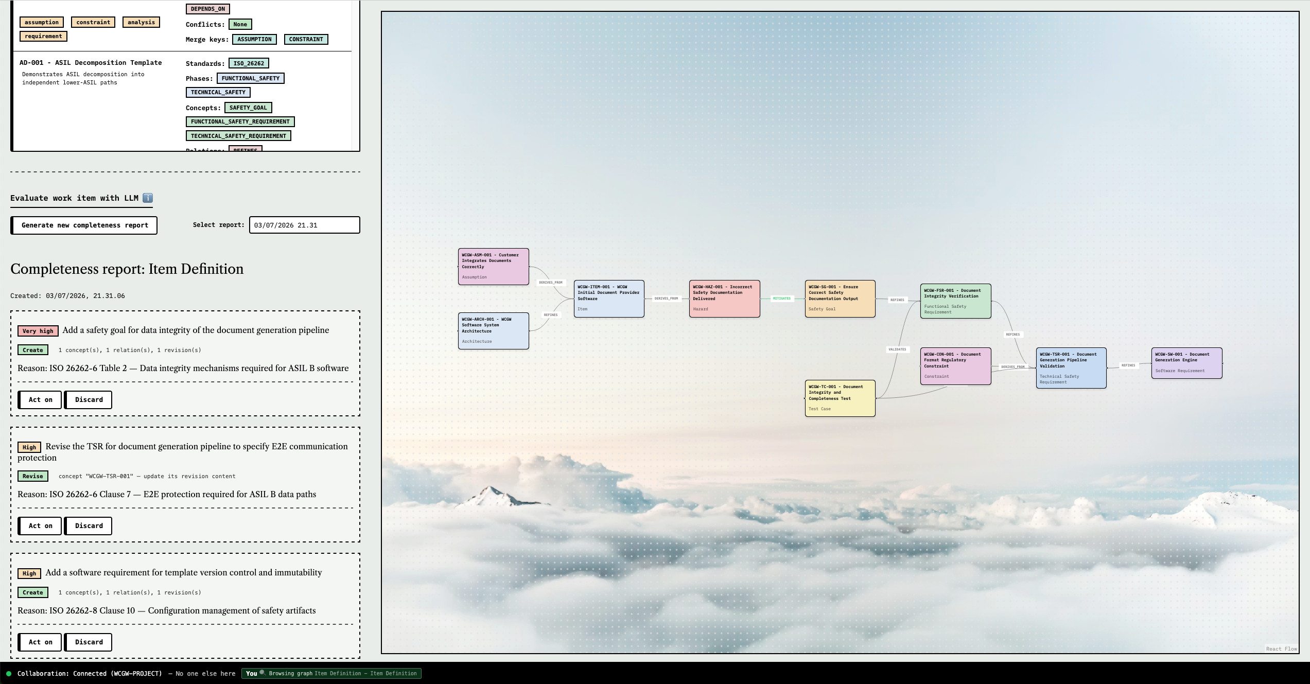 A screenshot of WCGW Safety Suite, showcasing templates, graph view and LLM evaluation capabilities